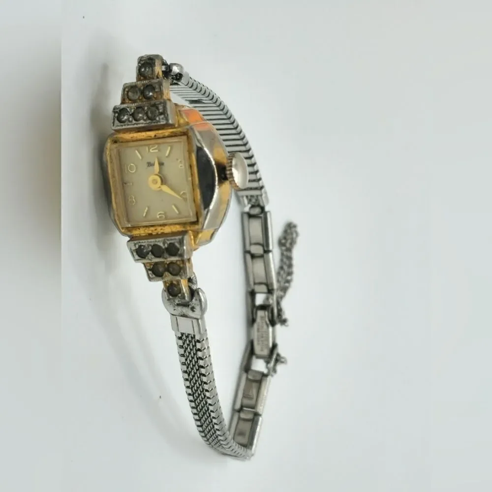 Vintage Bolivia gold silver rhinestone watch